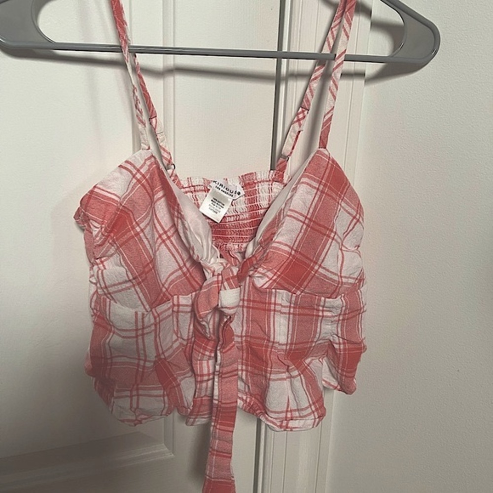 Plaid Bow Tie Front Cropped Top in color Pinkish/Salmon